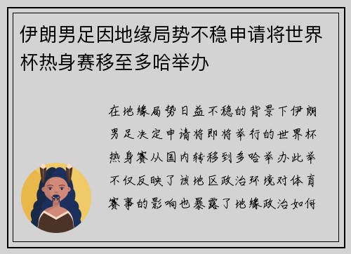 伊朗男足因地缘局势不稳申请将世界杯热身赛移至多哈举办