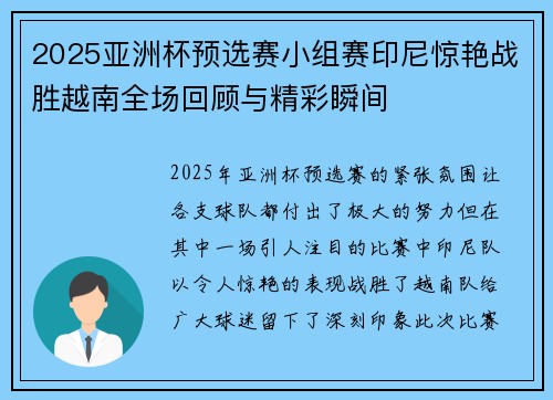 2025亚洲杯预选赛小组赛印尼惊艳战胜越南全场回顾与精彩瞬间