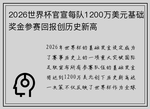 2026世界杯官宣每队1200万美元基础奖金参赛回报创历史新高